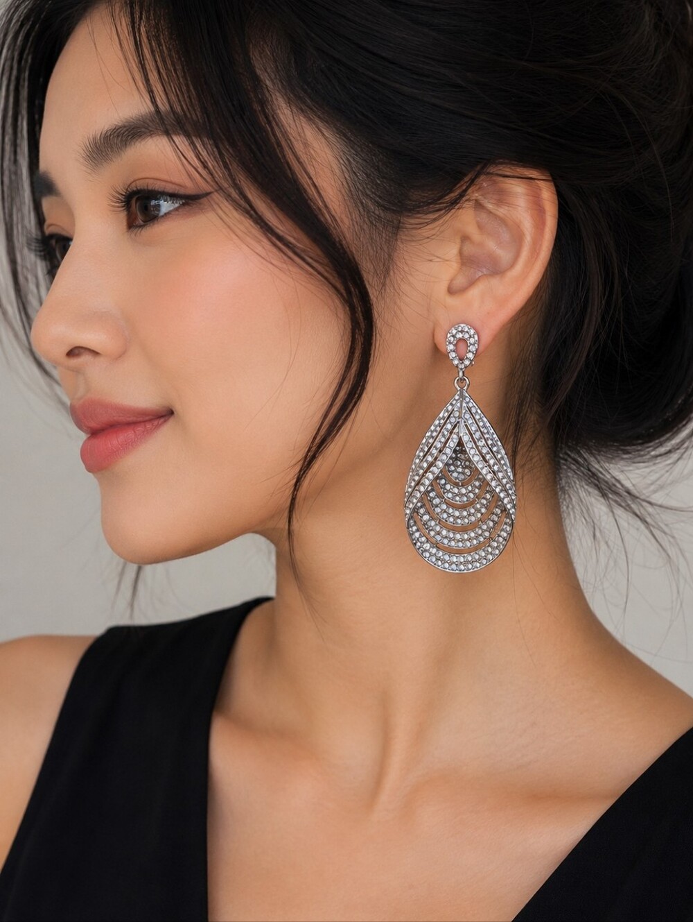 Silver Tone Rhinestone Teardrop Statement Earrings